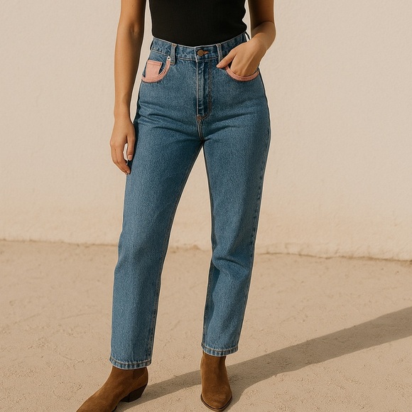 Vintage Cache High Waisted Blue Jeans with Pink Leather Accents 6 - Picture 1 of 16